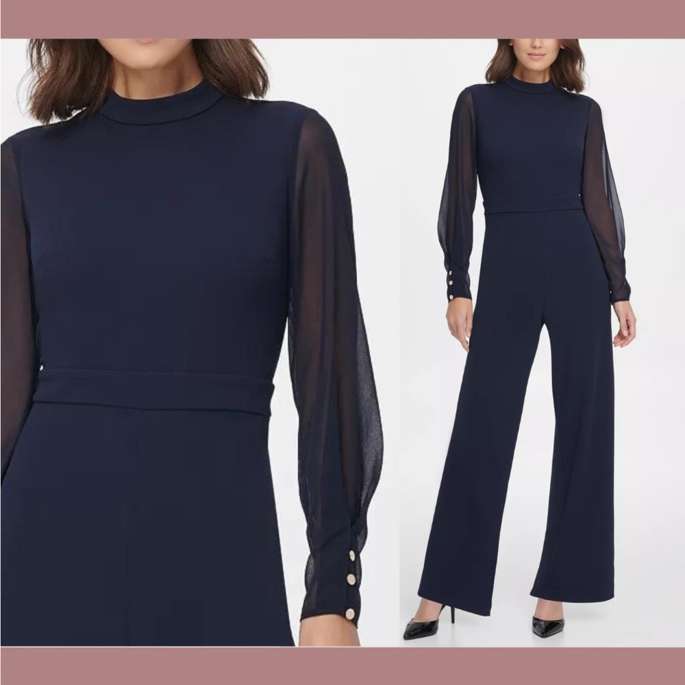 NWT $139 DKNY [ 16 ] Chiffon Sleeve Mock Neck Jumpsuit in‎ Midnight Blue